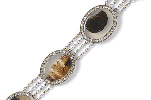 An exceptional moss-agate and diamond set bracelet by Carl Fabergé
