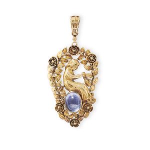 A Gold and Sapphire mounted Pendant by John Paul Cooper drawing