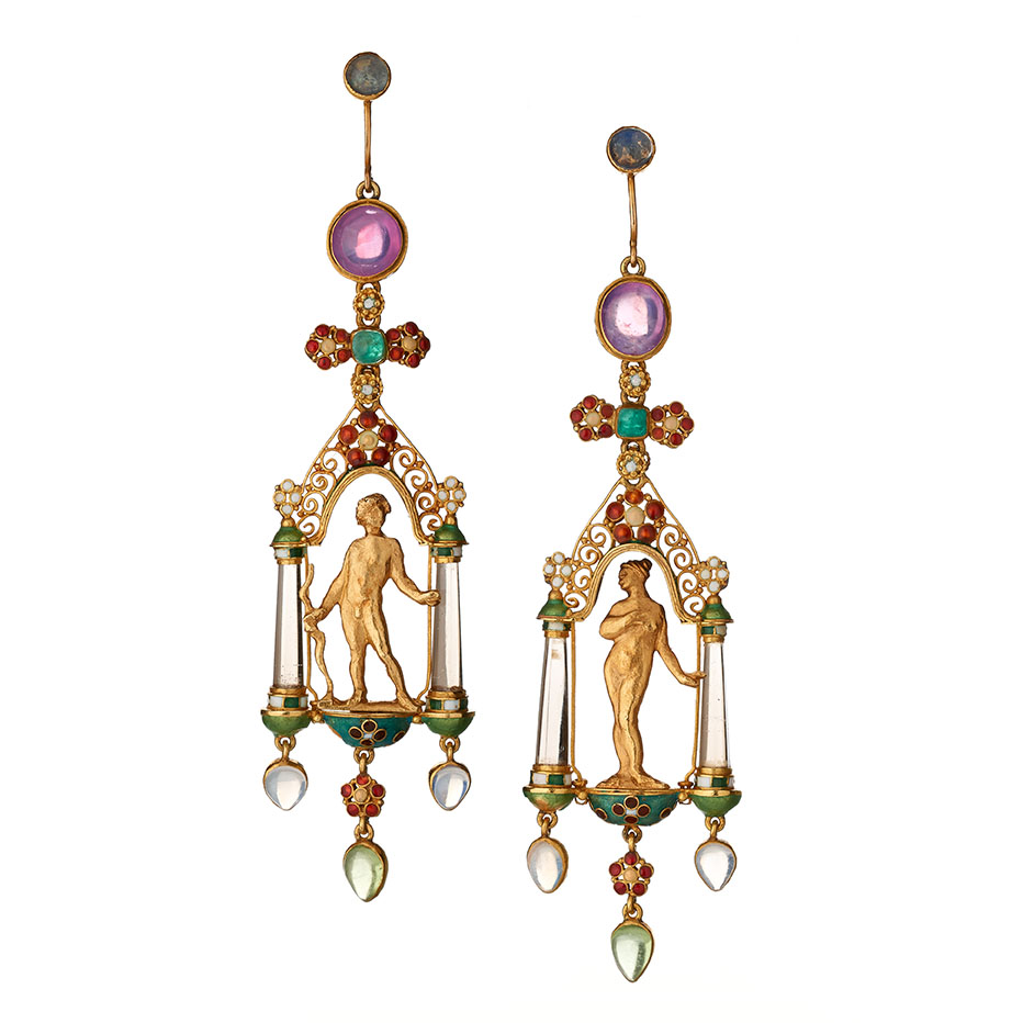 Gold, enamel and gem-set earrings, Henry Wilson