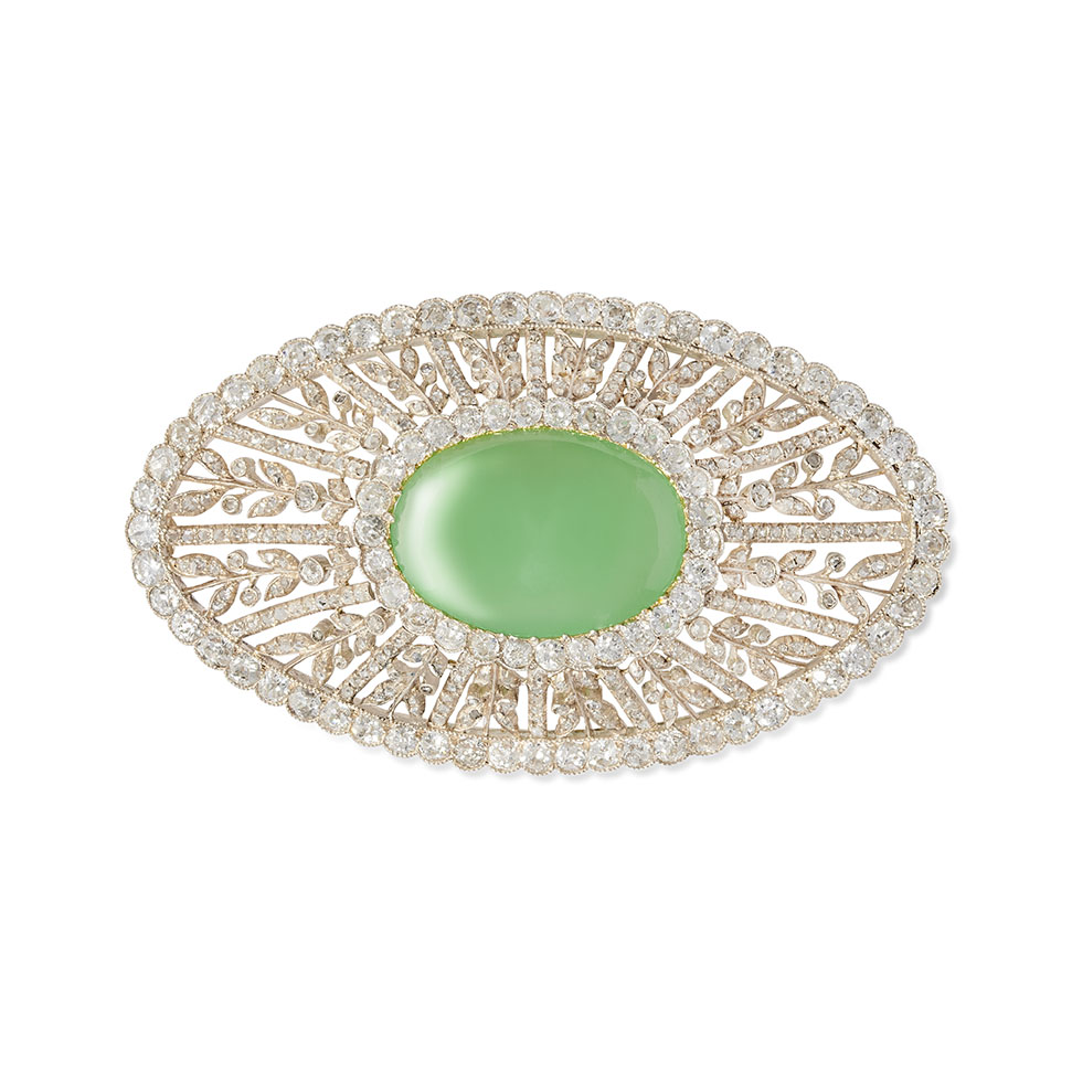 A Royal chryosprase and diamond brooch by Carl Fabergé