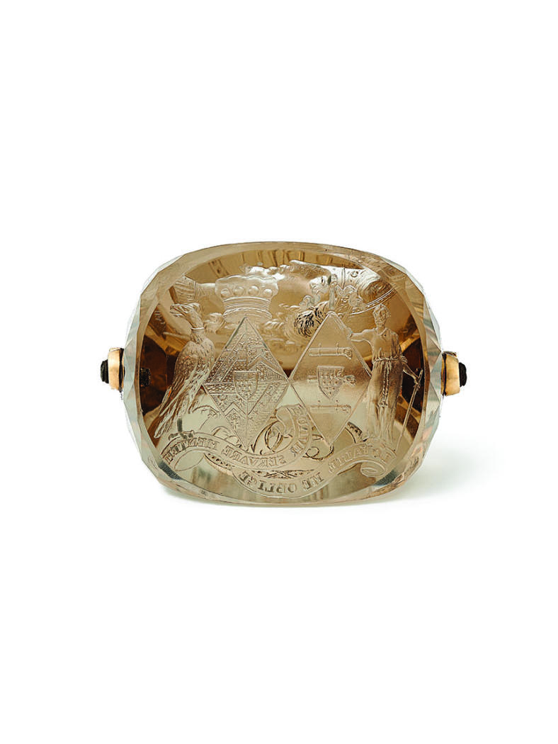 A gold mounted carved citrine seal by William or Charles Brown