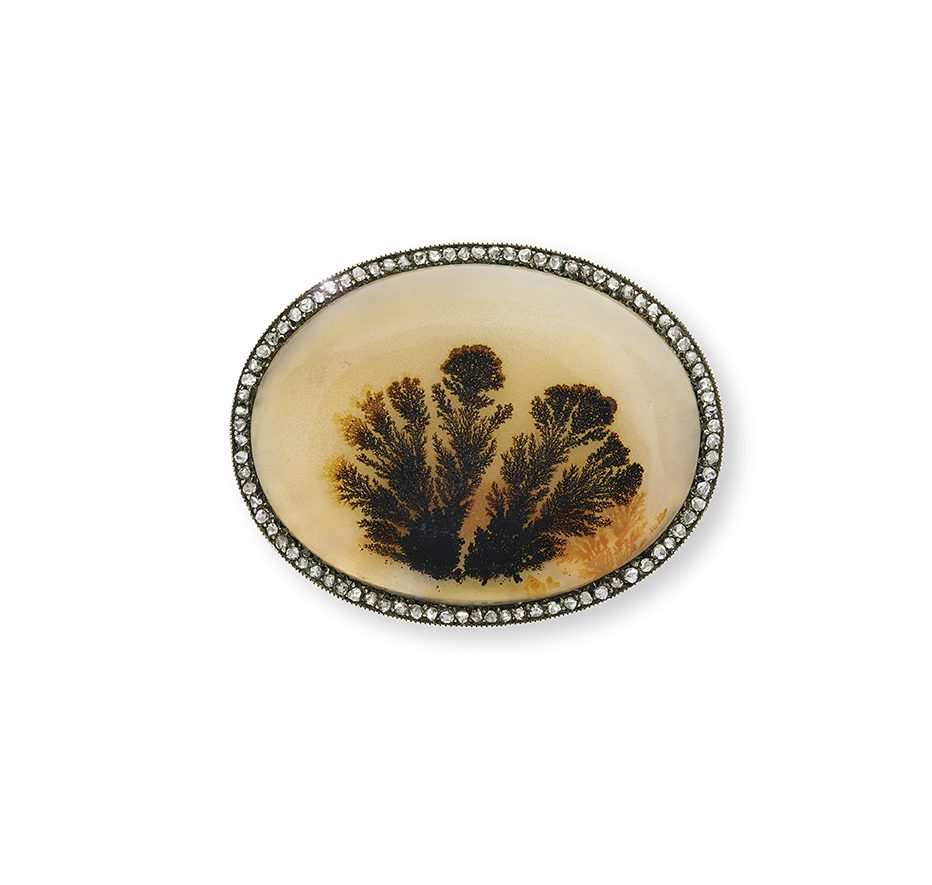 A moss-agate and diamond brooch by Carl Fabergé