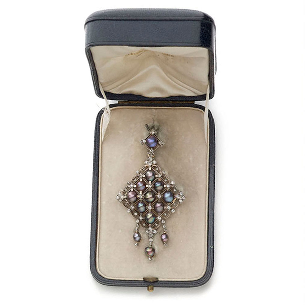 A pearl, enamelled and diamond-set brooch
