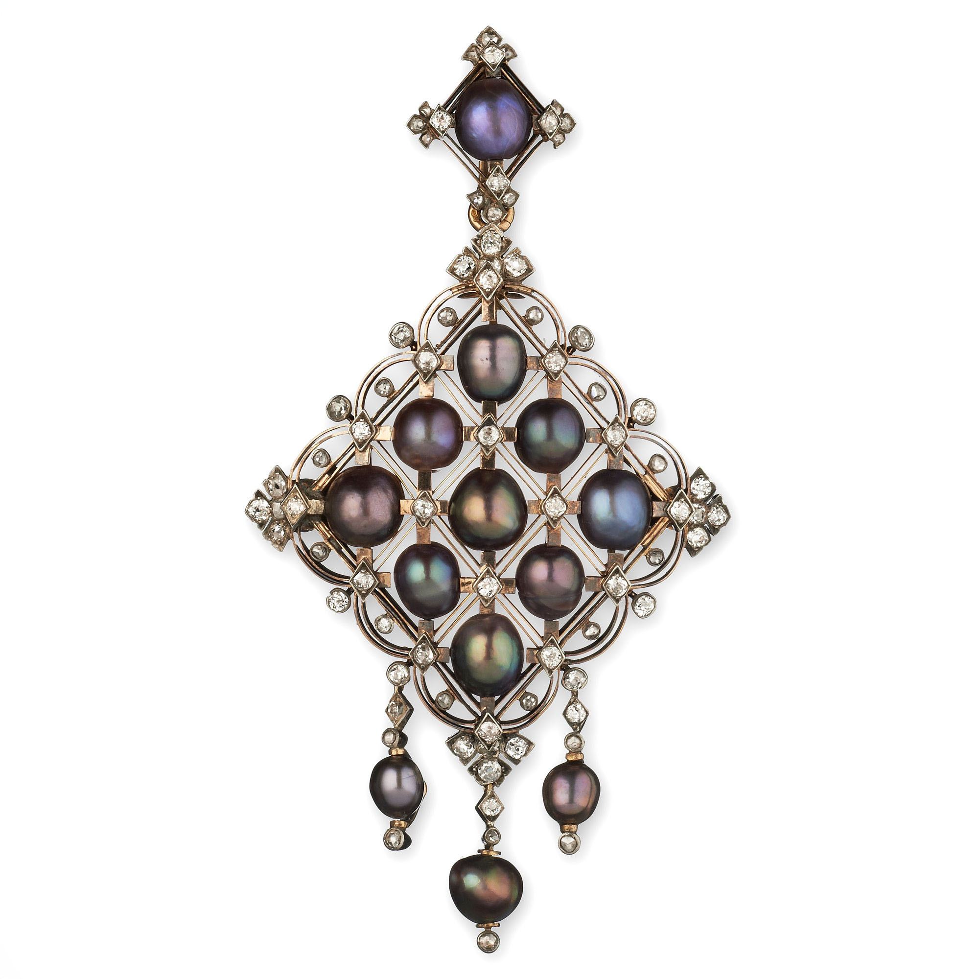 A pearl, enamelled and diamond-set brooch