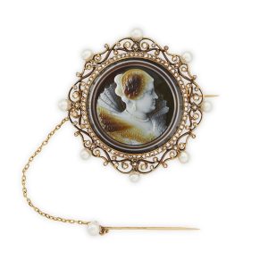 A diamond mounted hardstone cameo brooch by Baucheron et Guillain
