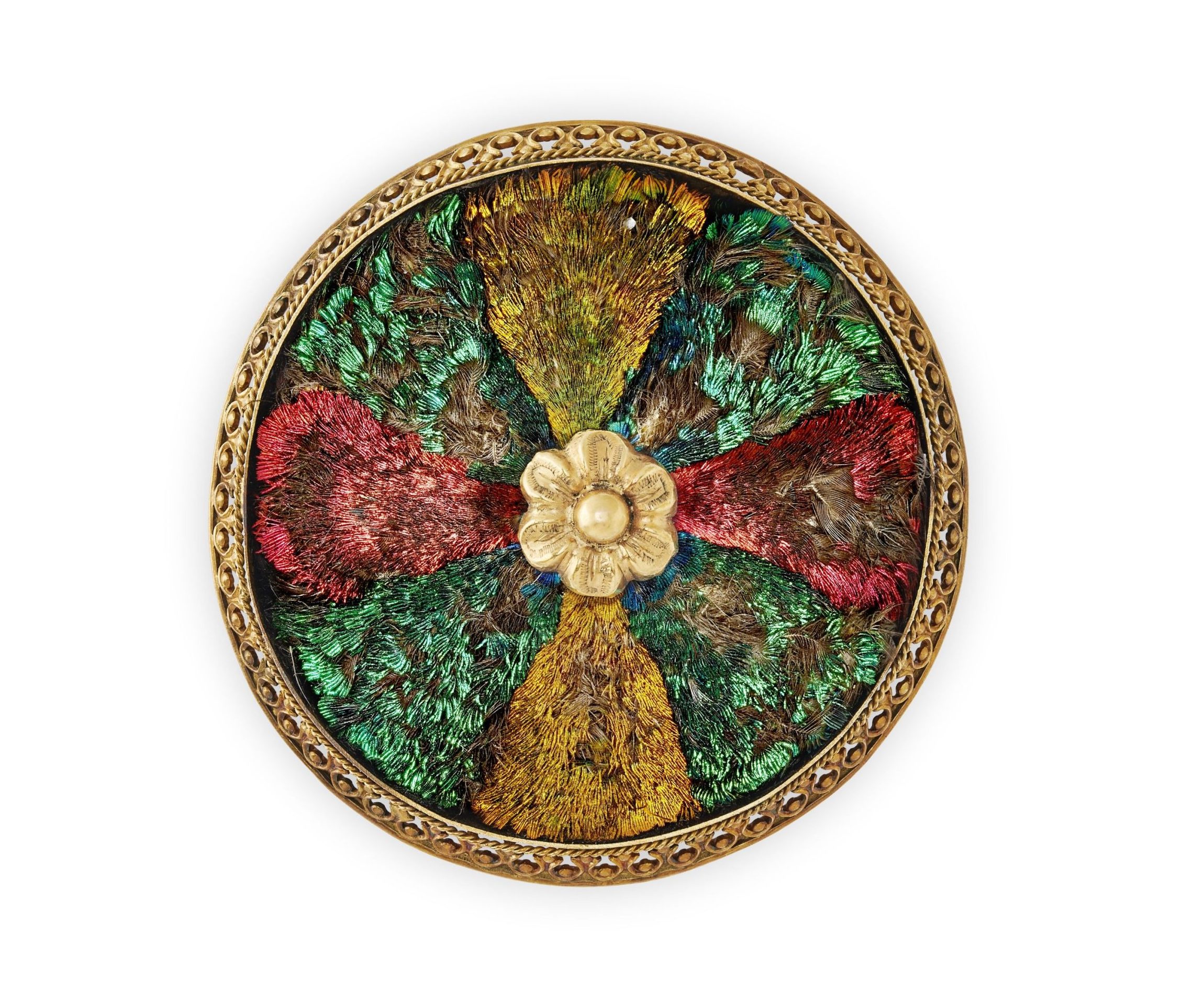 A gold mounted hummingbird feathers brooch