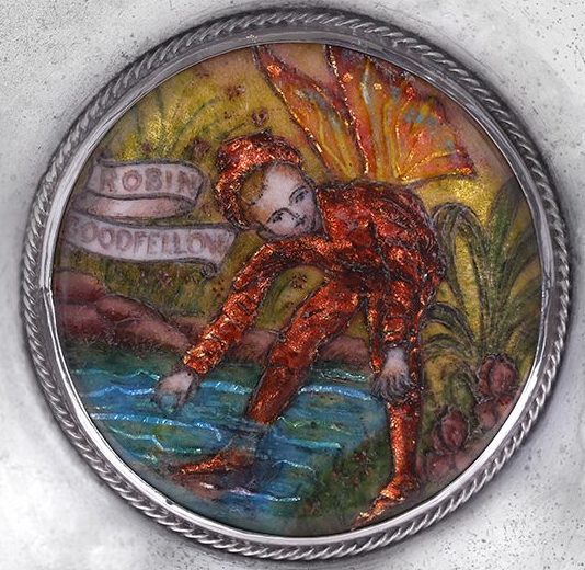 Shakespearean enamel and silver sweetmeat dish by Omar Ramsden