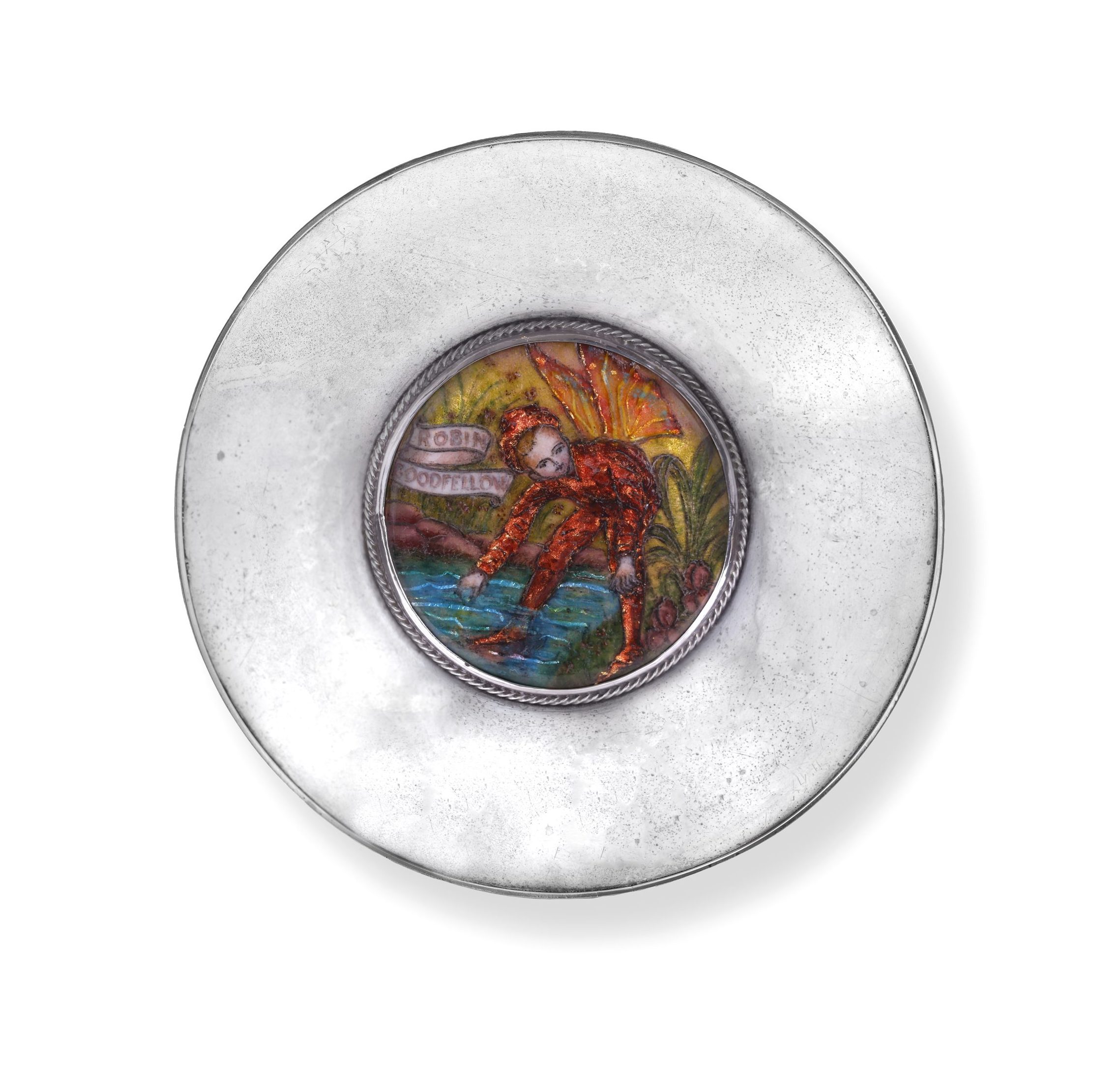 Shakespearean enamel and silver sweetmeat dish by Omar Ramsden