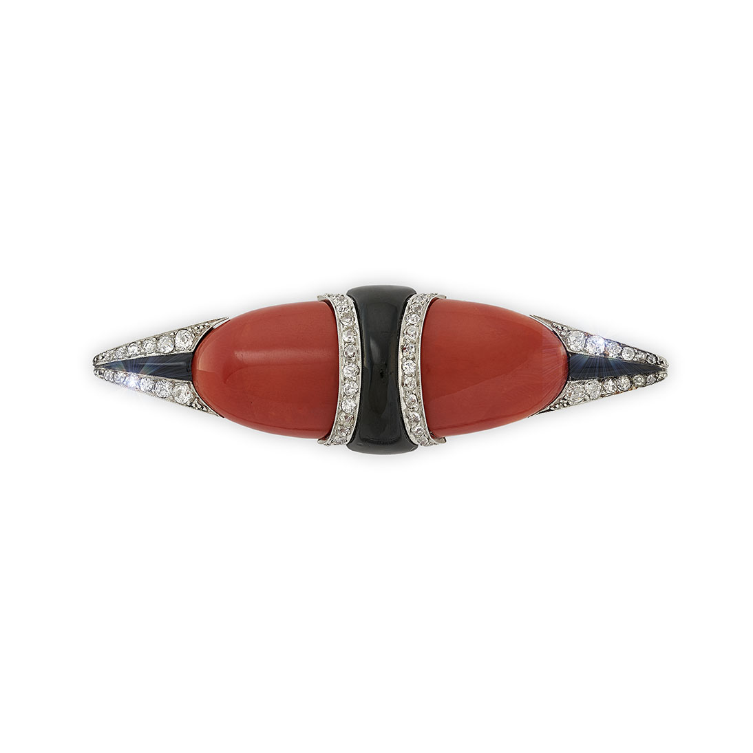 An Art Deco Onyx, Coral and Diamond Brooch by Boucheron