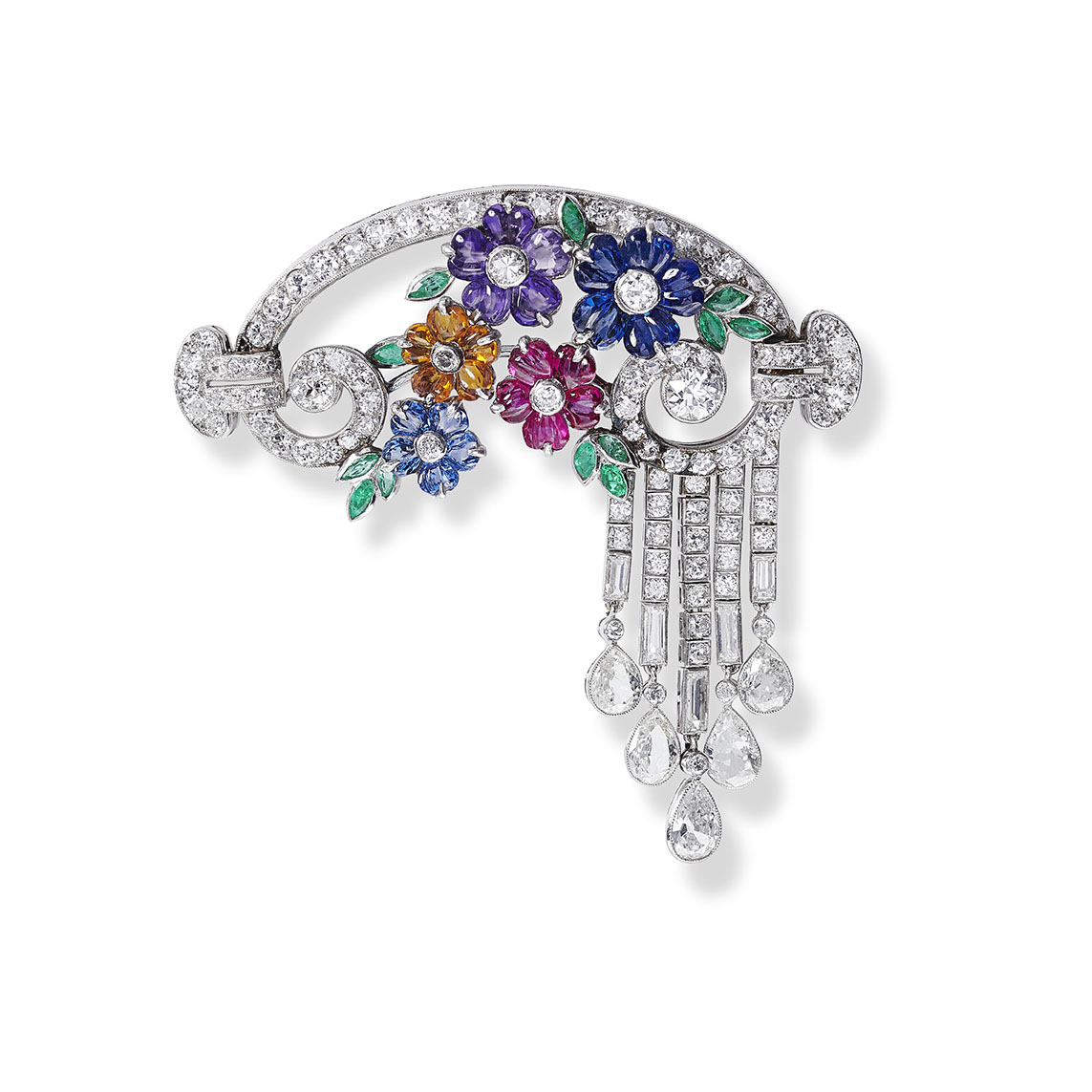 An Art Deco platinum, diamond and gem-set brooch