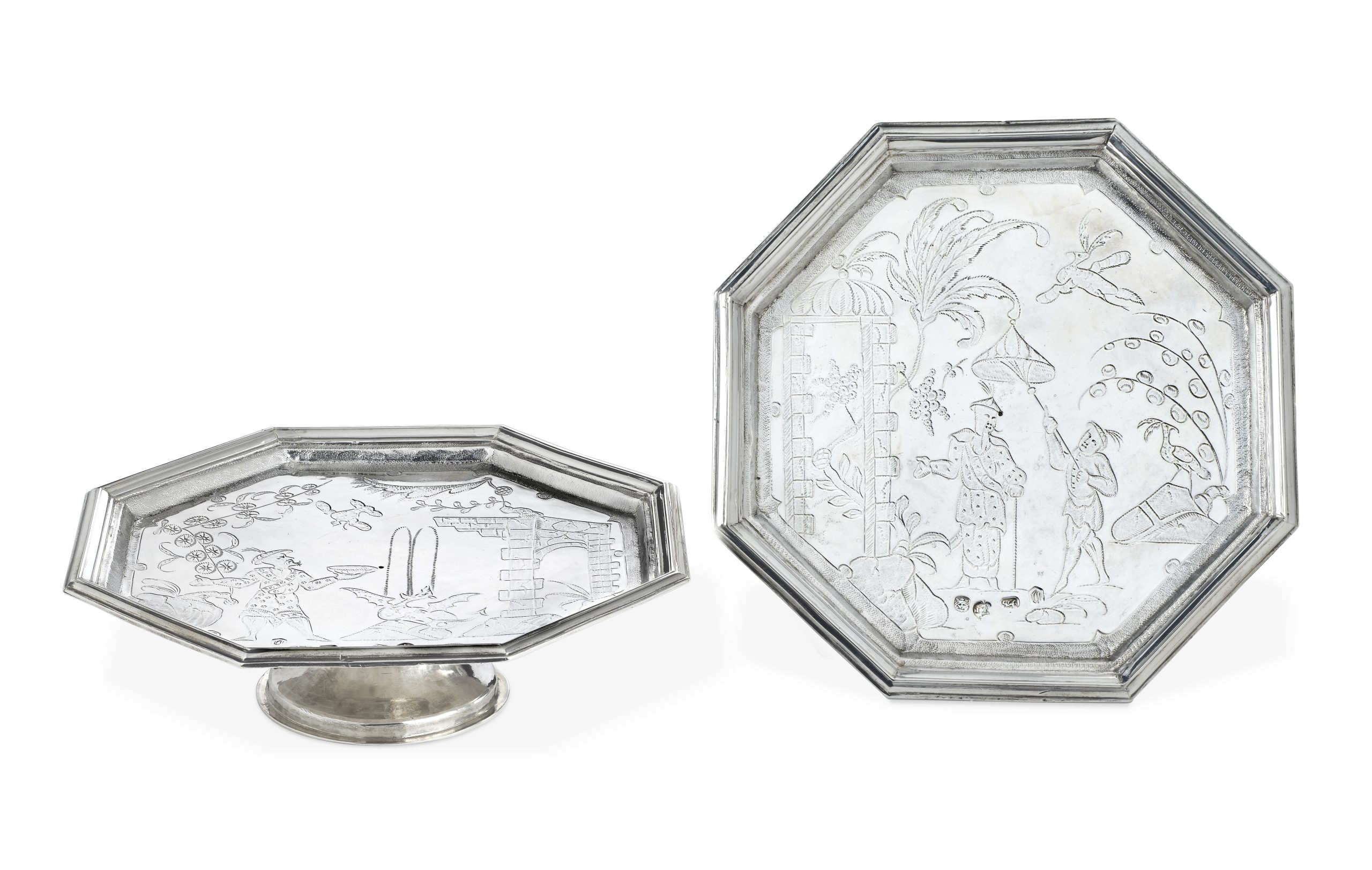 A pair of Charles II / James II Chinoiserie silver tazzas