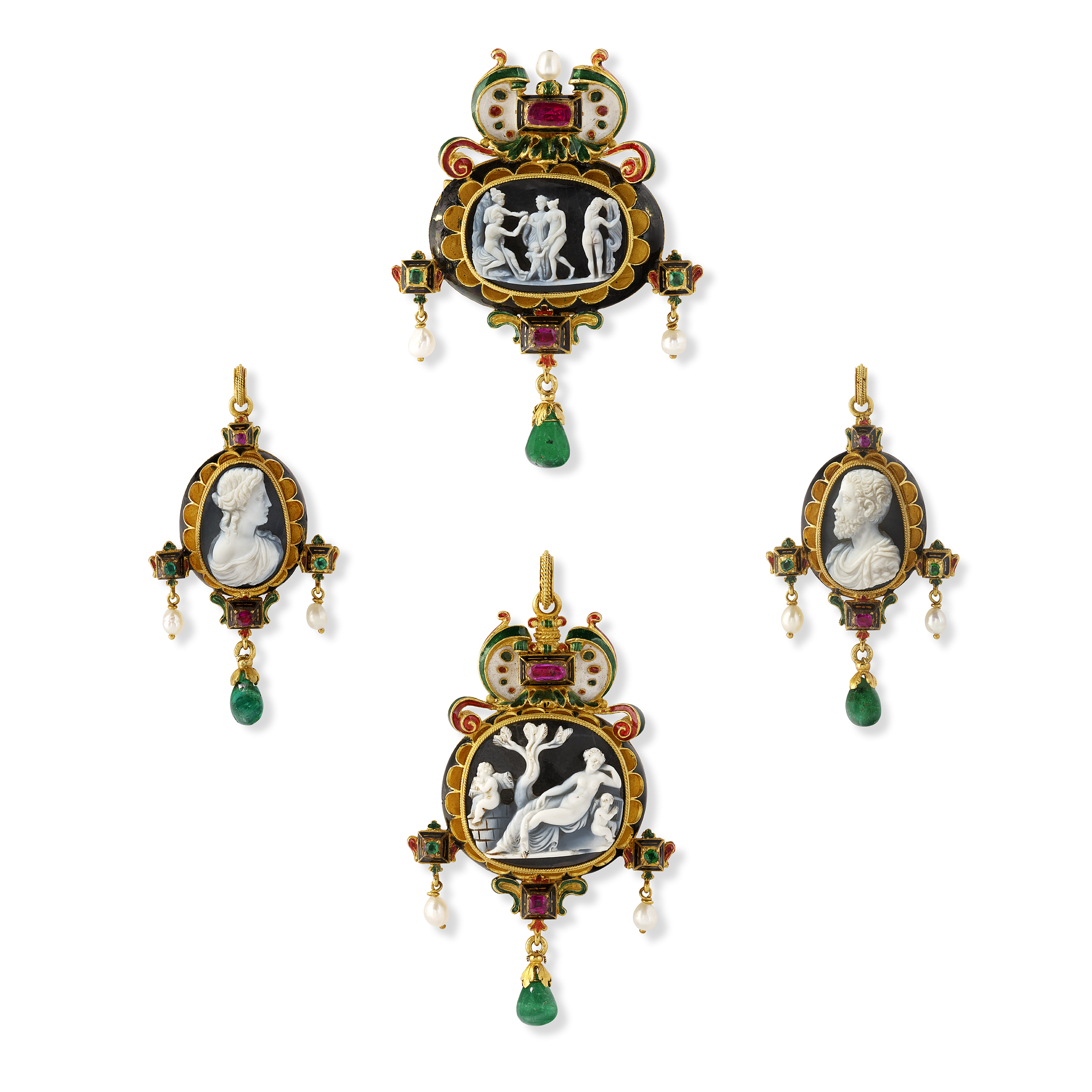 A Neo-Renaissance enamelled gold and gem-set parure attributed to Castellani