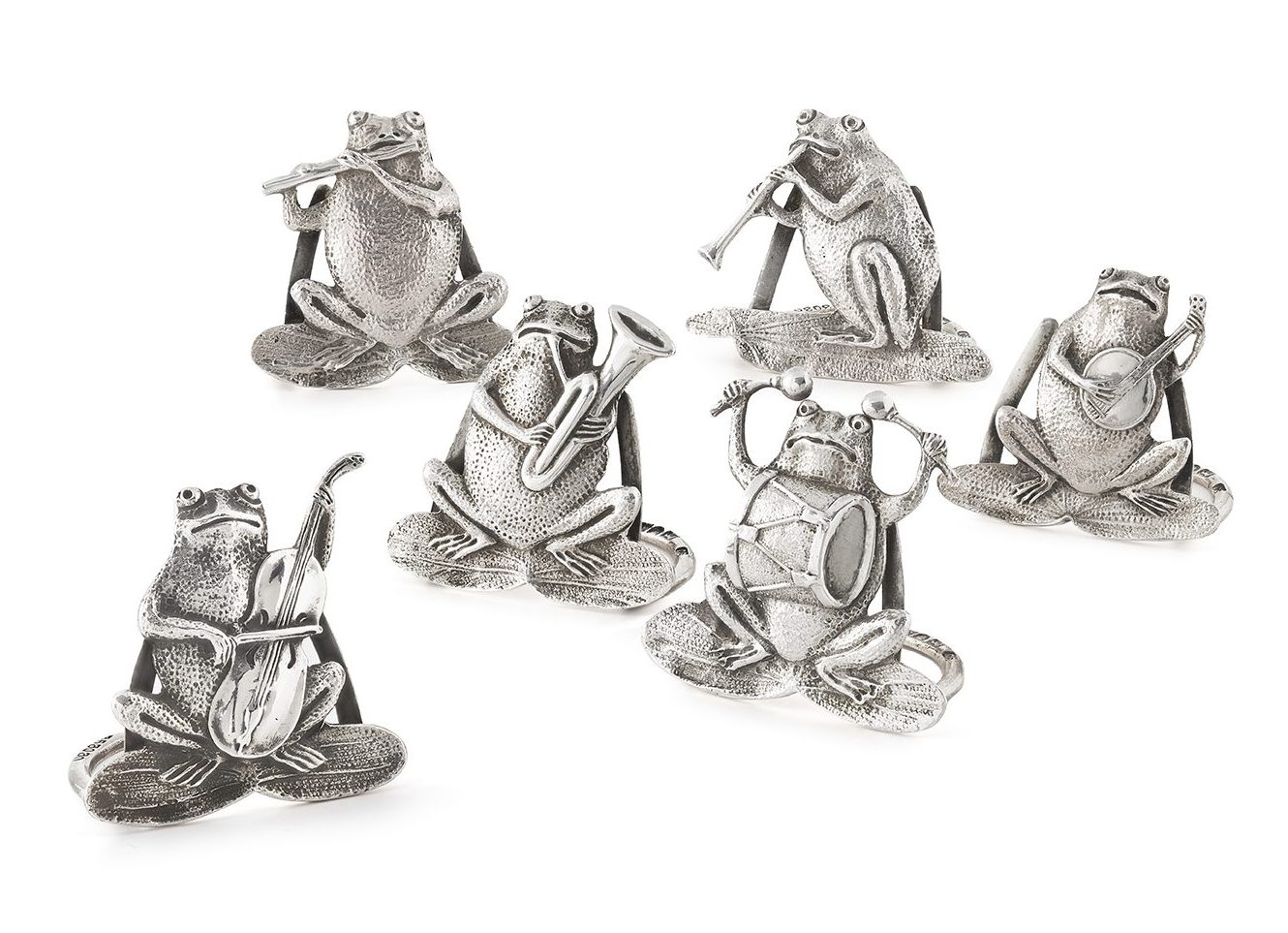 A set of six novelty silver menu holders by Samuel Jacob