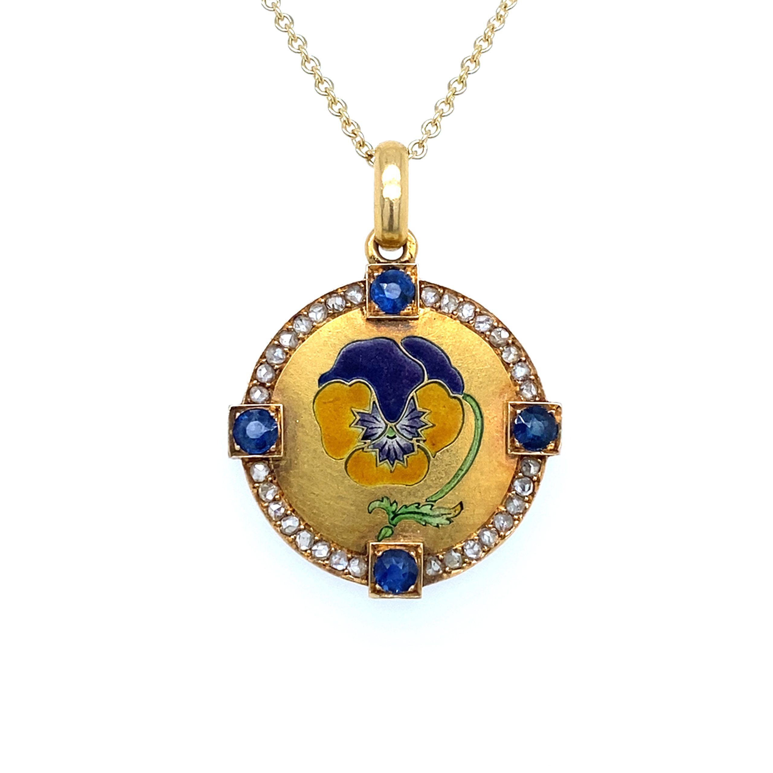 An enamelled gold and gem-set pendant