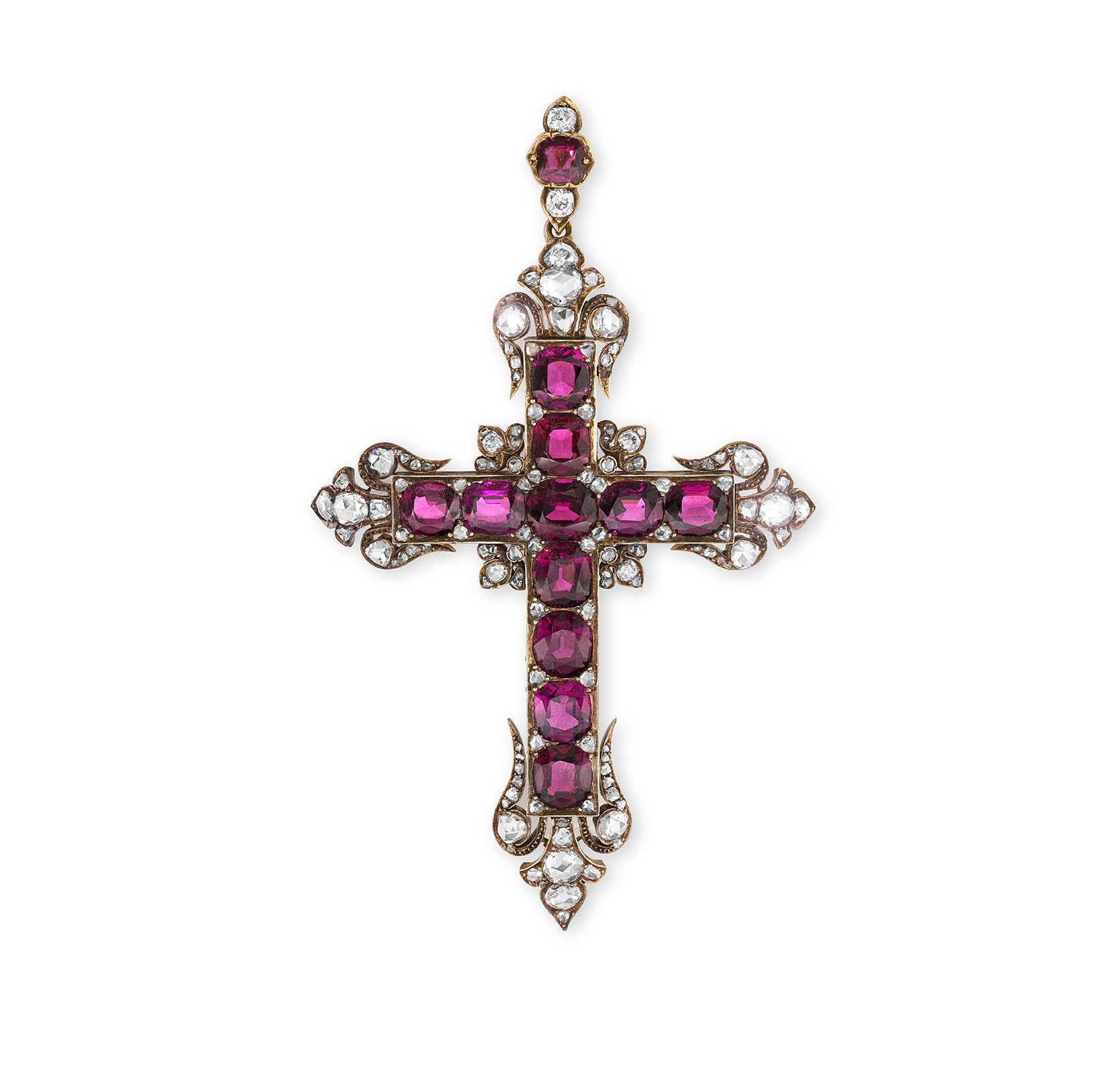 An antique gold mounted gem-set cross