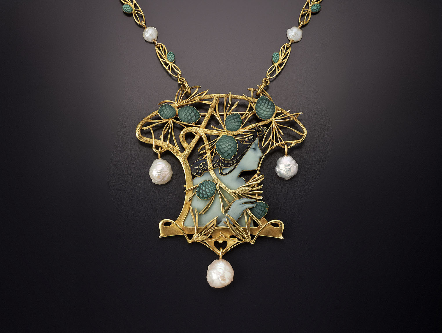 A rare gold, enamelled and pearl set necklace by René Lalique