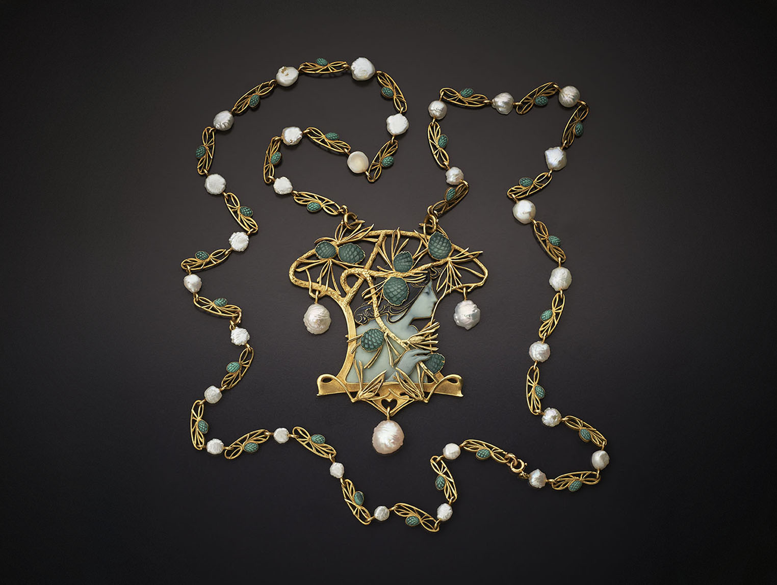 A rare gold, enamelled and pearl set necklace by René Lalique