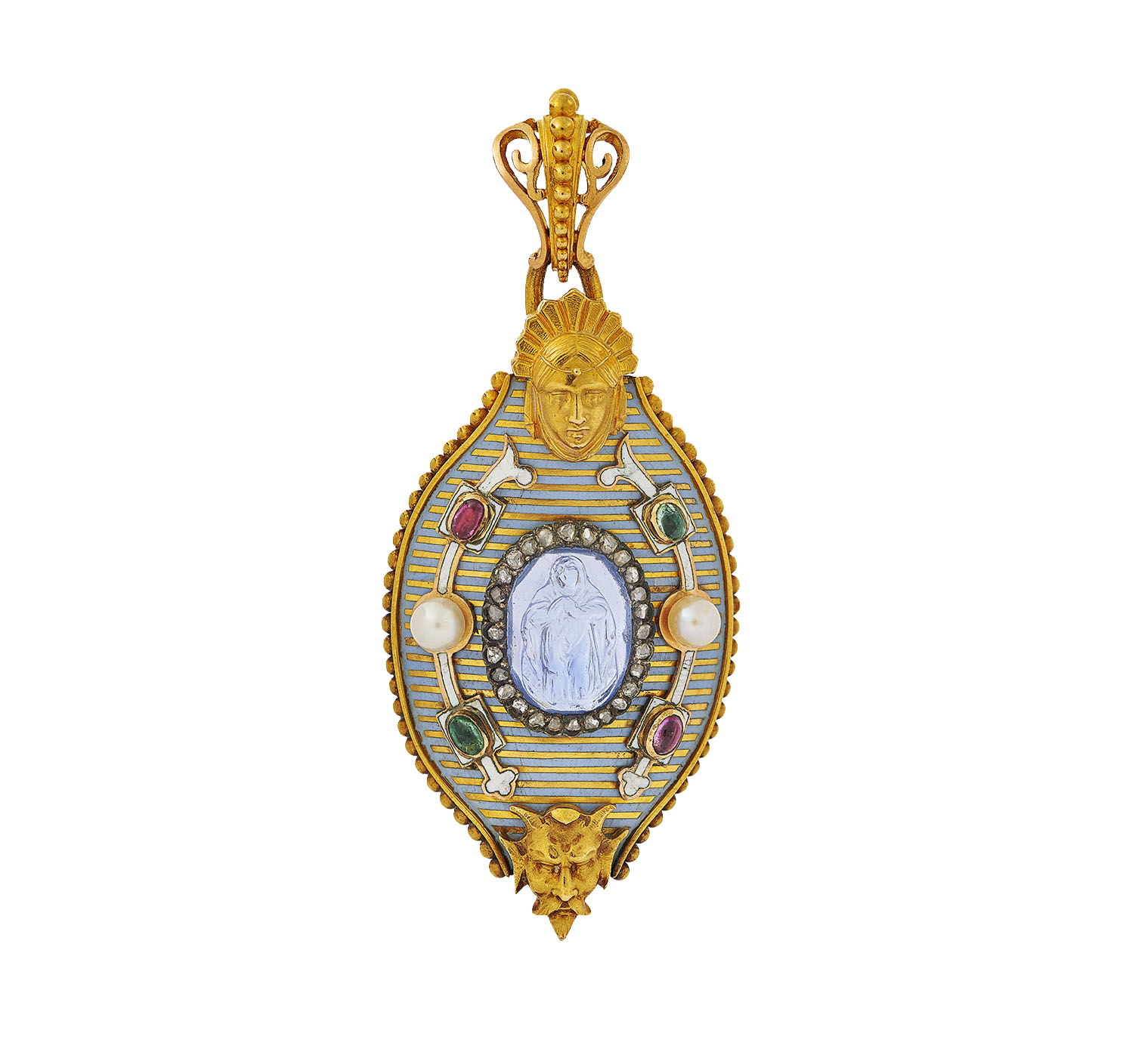 An enamelled gold, gem and pearl-set pendant by Alexis Falize